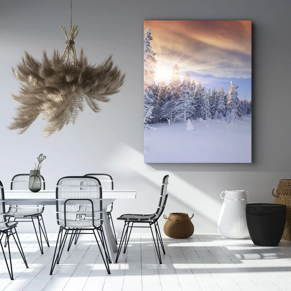 Impression sur toile - Image sur toile - Paysage d'hiver avec une forêt enneigée au coucher du soleil - 70x100cm - Un spectacle enneigé de la nature - Décoration murale moderne pour le salon et la chambre ARTTOR