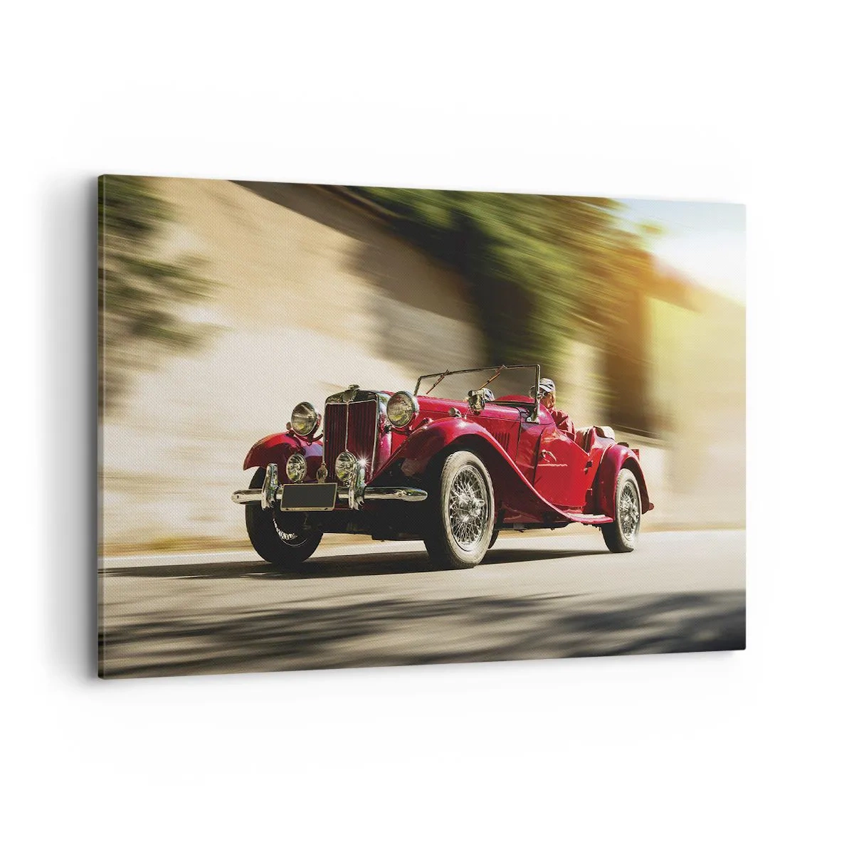 Impression sur toile - Image sur toile - Voiture classique rouge en mouvement dans une rue ensoleillée - 120x80cm - Plus belle que Nike de Samothrace - Décoration murale moderne pour le salon et la chambre ARTTOR