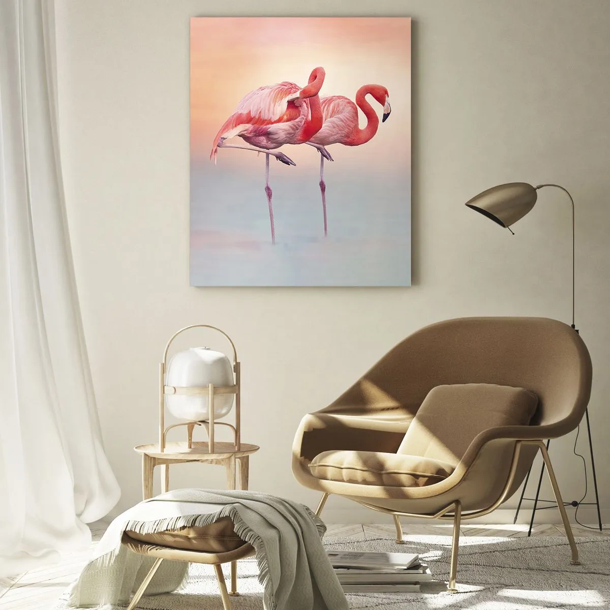 Impression sur verre - Image sur verre - Deux flamants roses debout dans l'eau avec un coucher de soleil pastel en arrière-plan - 50x70cm - Dans les couleurs du soleil couchant - Décoration murale moderne pour le salon et la chambre ARTTOR