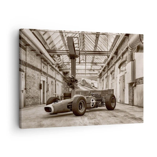 Impression sur toile - Image sur toile - Voiture de course noire et blanche dans un intérieur industriel - 70x50cm - Le repos du guerrier - Décoration murale moderne pour le salon et la chambre ARTTOR