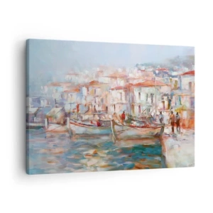 Impression sur toile - Image sur toile - Impression de port avec bateaux et bâtiments - 70x50cm - Vacances pastelles - Décoration murale moderne pour le salon et la chambre ARTTOR