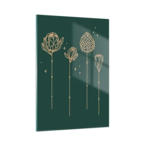 Impression sur verre - Image sur verre - Contours dorés d'herbes et de fleurs sur un fond vert foncé - 50x70cm - La famille Plante - Décoration murale moderne pour le salon et la chambre ARTTOR