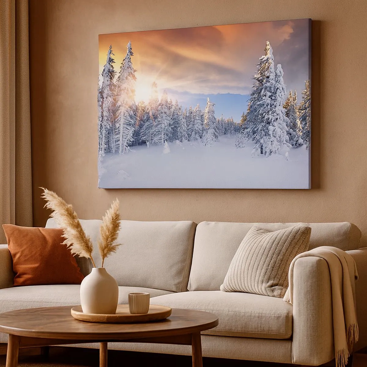 Impression sur toile - Image sur toile - Paysage d'hiver avec une forêt enneigée au coucher du soleil - 70x50cm - Un spectacle enneigé de la nature - Décoration murale moderne pour le salon et la chambre ARTTOR