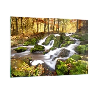 Impression sur verre - Image sur verre - Un ruisseau forestier avec des cascades dans un paysage d'automne - 120x80cm - Rapidement à travers la forêt d'automne - Décoration murale moderne pour le salon et la chambre ARTTOR