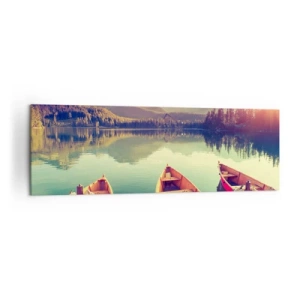 Impression sur toile - Image sur toile - Bateaux sur un lac calme entouré de montagnes au coucher du soleil - 160x50cm - Vivre selon ses règles - Décoration murale moderne pour le salon et la chambre ARTTOR