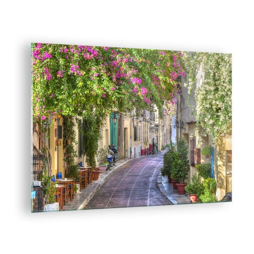 Impression sur verre - Image sur verre - Une charmante rue avec des arbres en fleurs - 70x50cm - Allée fleurie - Décoration murale moderne pour le salon et la chambre ARTTOR