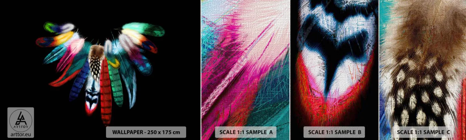 Échantillon de Papier Peint Premium Canvas - Collier indien - Plume d'oiseau, Bohème, Graphique - 100x30 cm