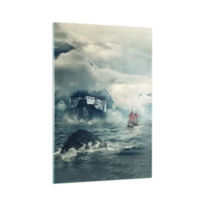 Impression sur verre - Image sur verre - Un paysage mystérieux avec un château, des montagnes et un navire - 70x100cm - Dans l'eau magique - Décoration murale moderne pour le salon et la chambre ARTTOR