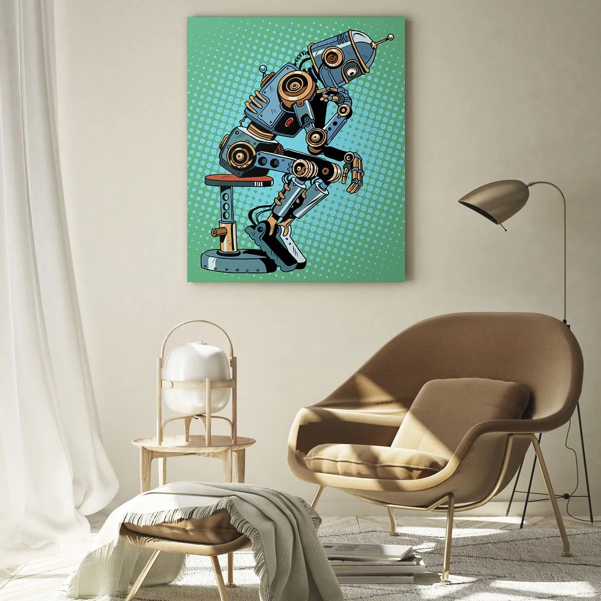 Impression sur verre - Image sur verre - Robot penseur de style pop art sur fond vert - 70x100cm - Au-dessus de l'essence de l'être - Décoration murale moderne pour le salon et la chambre ARTTOR