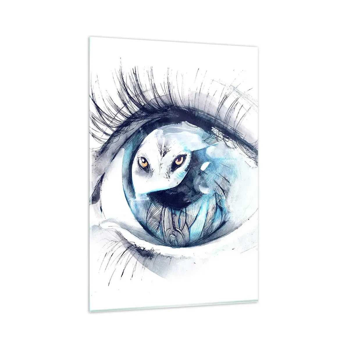 Impression sur verre - Image sur verre - Un œil avec une image d'un hibou dans des tons bleus à l'aquarelle - 80x120cm - Face à face avec la nature sauvage - Décoration murale moderne pour le salon et la chambre ARTTOR