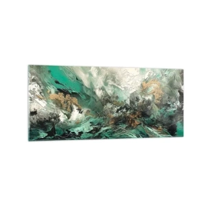 Impression sur verre - Image sur verre - Paysage abstrait dans les tons de vert et d'or - 120x50cm - Ressac émeraude et noir - Décoration murale moderne pour le salon et la chambre ARTTOR