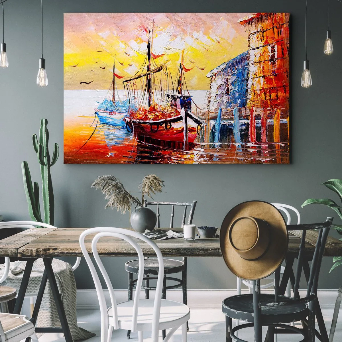 Impression sur toile - Image sur toile - Port pittoresque au coucher du soleil avec des bateaux de pêche - 70x50cm - Bon retour - Décoration murale moderne pour le salon et la chambre ARTTOR