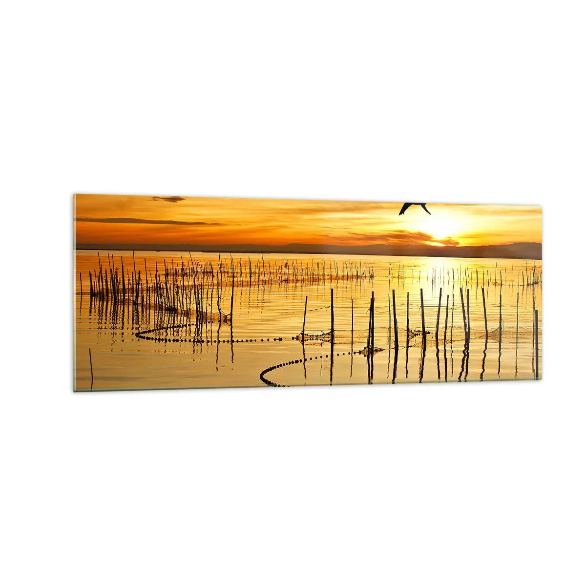 Impression sur verre - Image sur verre - Coucher de soleil sur l'eau avec des oiseaux en vol - 140x50cm - À la pêche - Décoration murale moderne pour le salon et la chambre ARTTOR