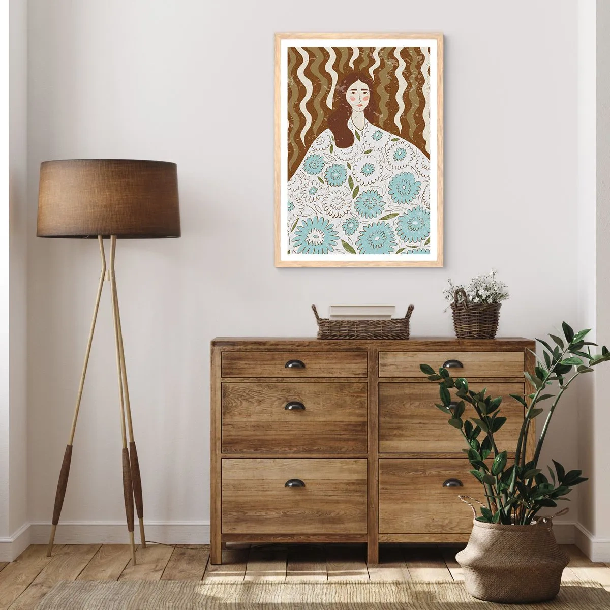 Affiche dans un chêne clair - Poster - Portrait en robe fleurie - 70x100 cm