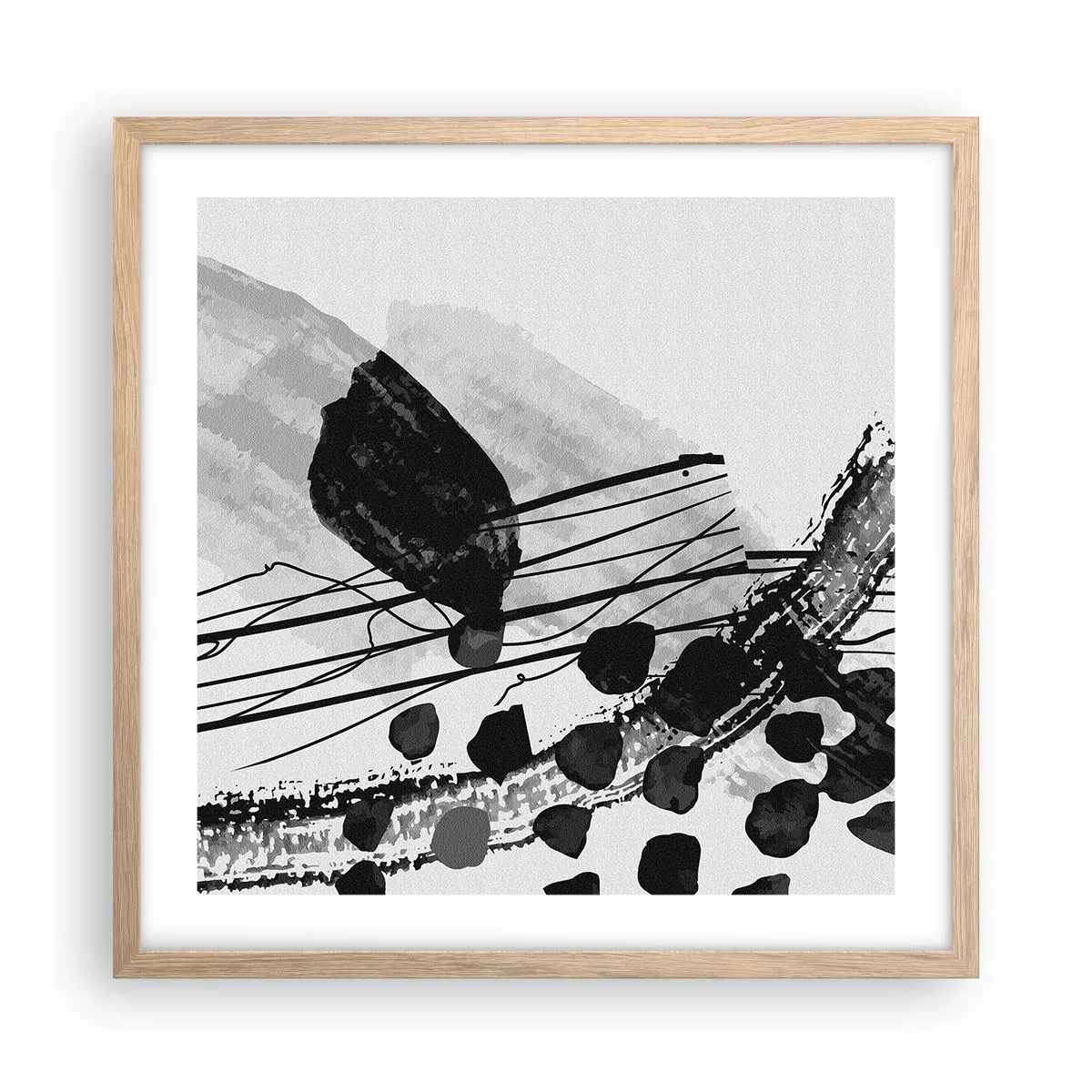 Affiche dans un chêne clair - Poster - Abstraction organique noir et blanc - 50x50 cm