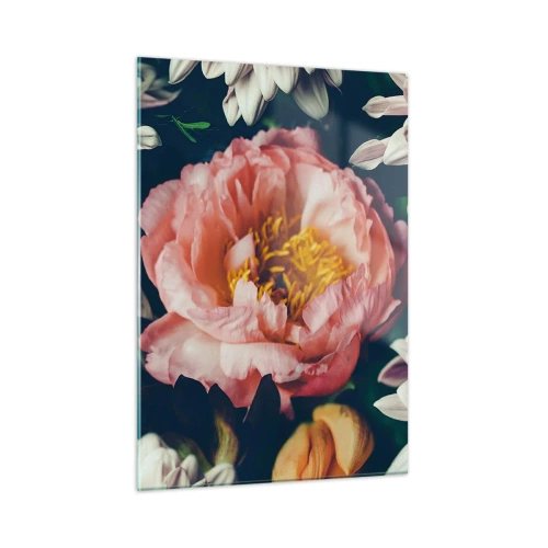 Impression sur verre - Image sur verre - Gros plan de pivoines et de chrysanthèmes aux tons pastel - 50x70cm - Splendeur baroque - Décoration murale moderne pour le salon et la chambre ARTTOR