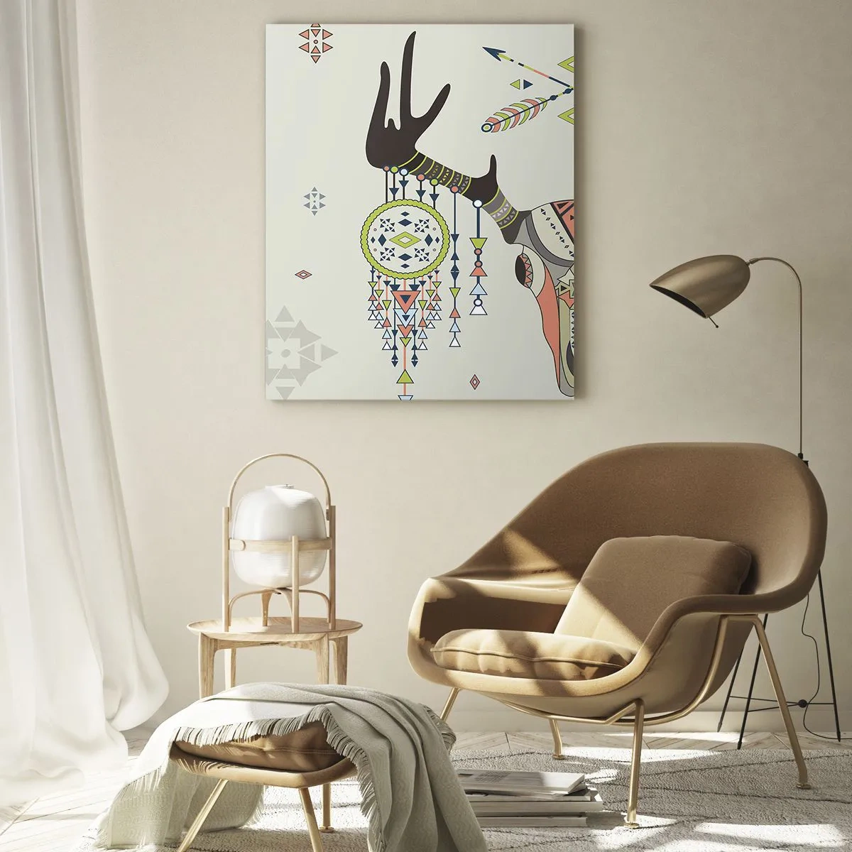 Impression sur verre - Image sur verre - Décoration bohème avec crâne de cerf et attrape-rêves - 80x120cm - Trophée du chasseur indien - Décoration murale moderne pour le salon et la chambre ARTTOR