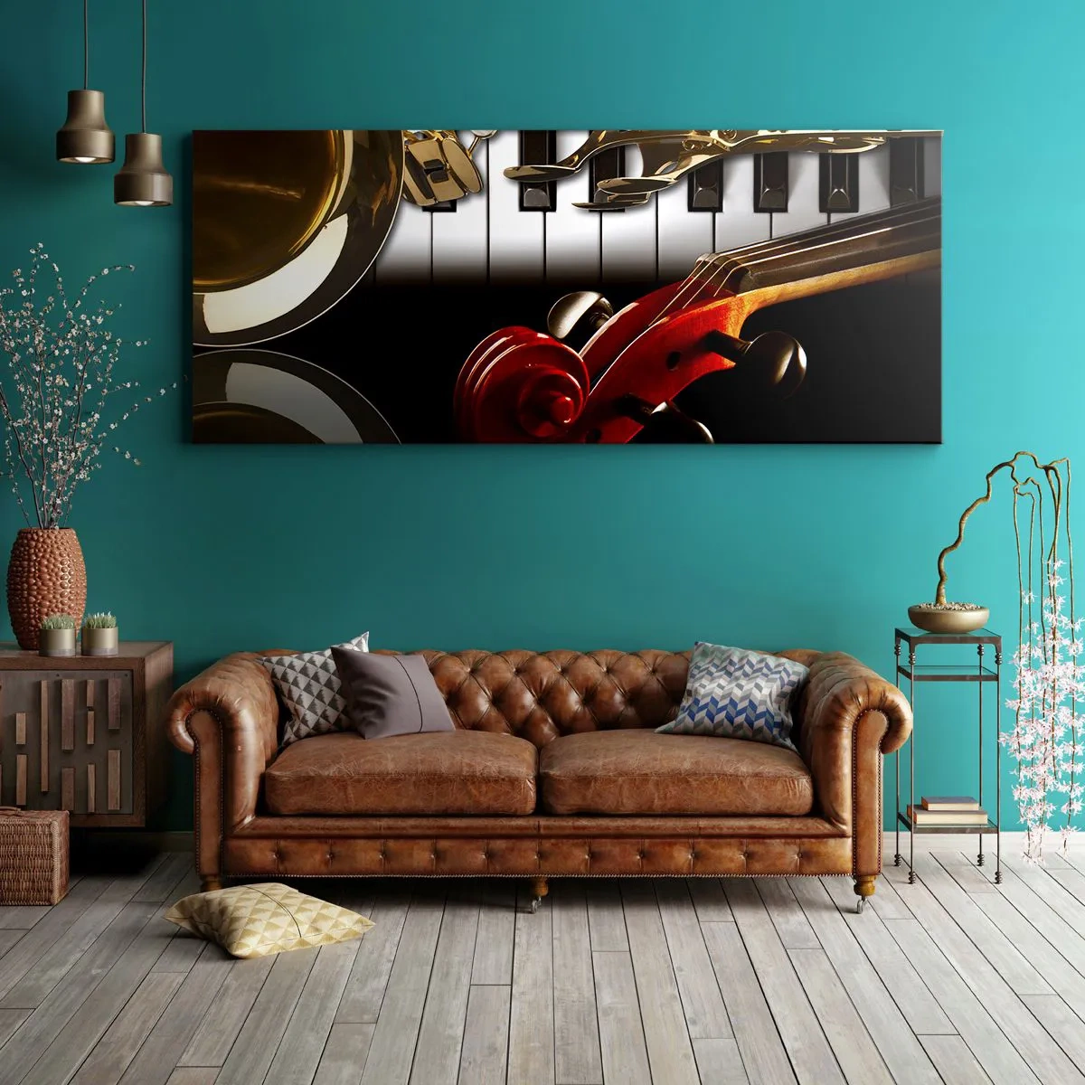 Impression sur toile - Image sur toile - Un saxophone doré, des touches de piano et un violon rouge - 120x50cm - Tôle, bois et ivoire - Décoration murale moderne pour le salon et la chambre ARTTOR