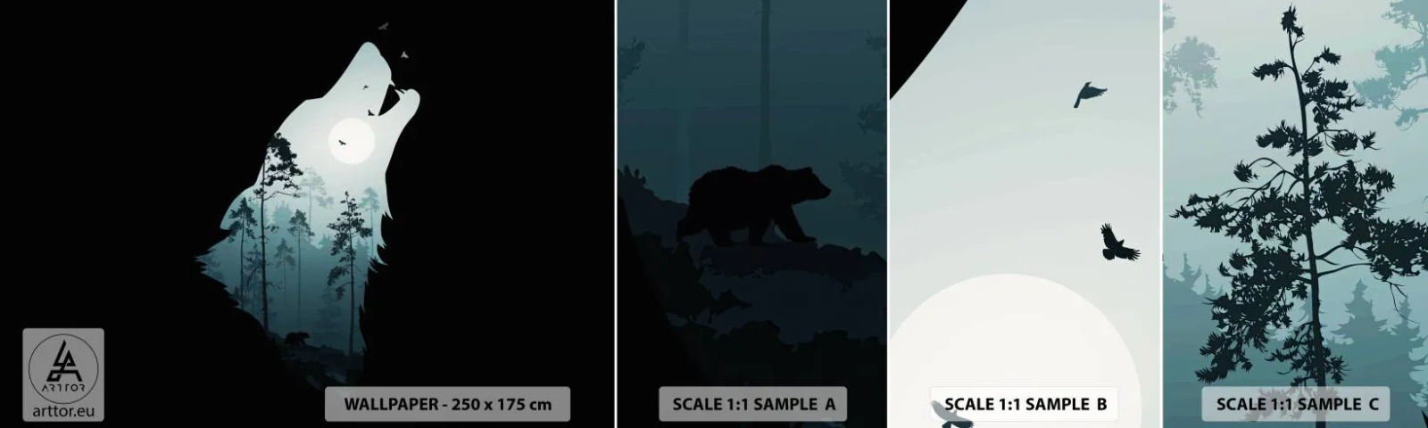 Échantillon de Papier Peint Autocollant Deluxe Sticker - La voix de nuit de la forêt - Abstraction, Ours, Grotte - 100x30 cm