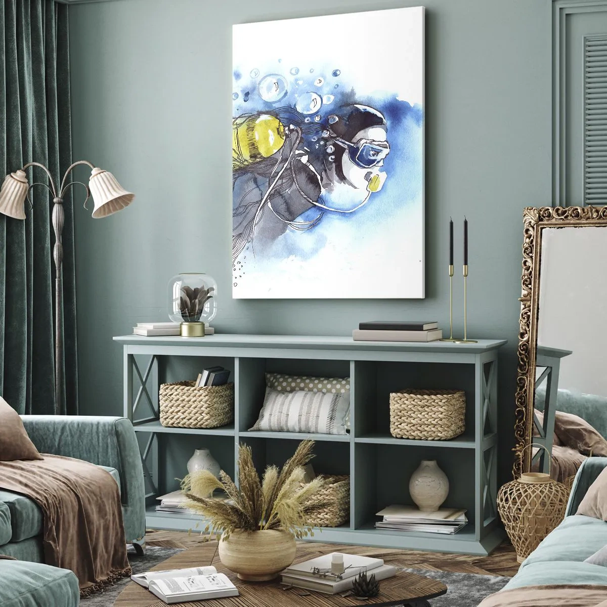 Impression sur toile - Image sur toile - Scène sous-marine avec un plongeur et des poissons exotiques - 80x120cm - Le grand bleu - Décoration murale moderne pour le salon et la chambre ARTTOR