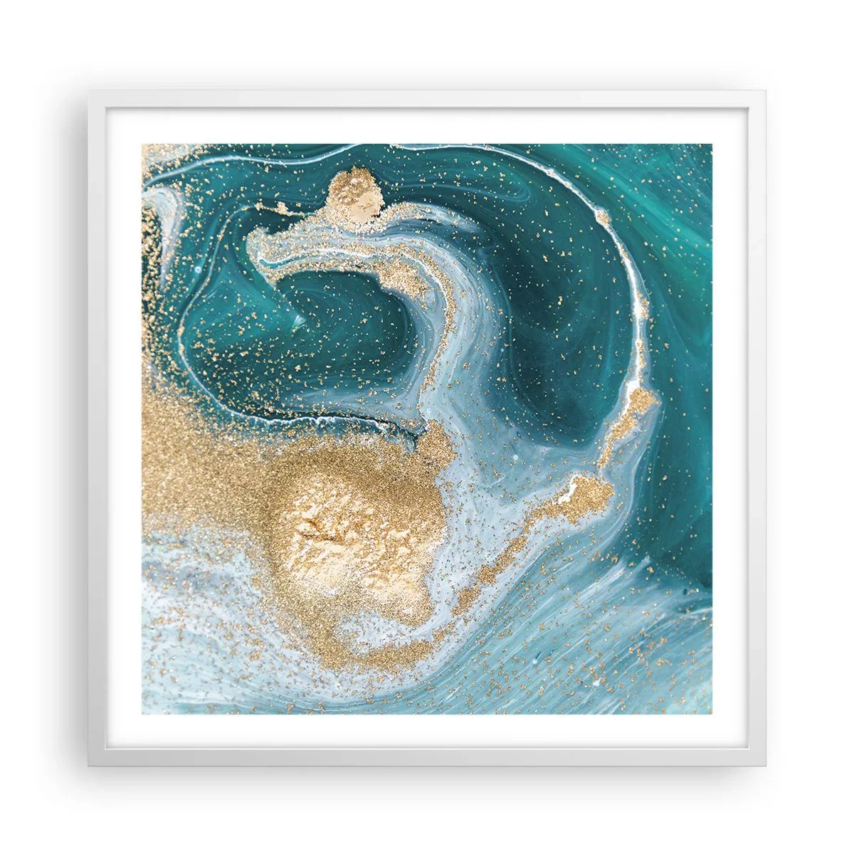 Affiche dans un cadre blanc - Poster - Tourbillon d'or et de turquoise - 60x60 cm