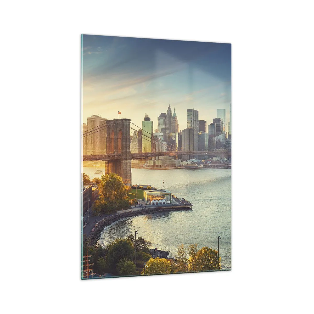 Impression sur verre - Image sur verre - Panorama de la ville avec le pont au coucher du soleil - 70x100cm - L'aube de la grande ville - Décoration murale moderne pour le salon et la chambre ARTTOR