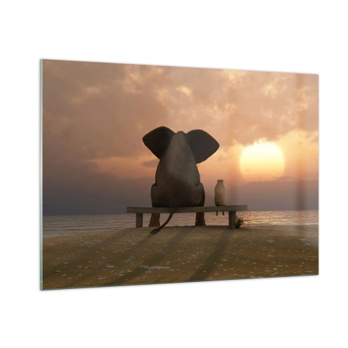 Impression sur verre - Image sur verre - Éléphant et chien sur un banc au coucher du soleil - 100x70cm - C'est bon de garder le silence ensemble - Décoration murale moderne pour le salon et la chambre ARTTOR