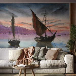 Papier Peint Photo Premium Sand - Soirée au port - Voiliers, Bord de mer, Paysage - 450x315 cm