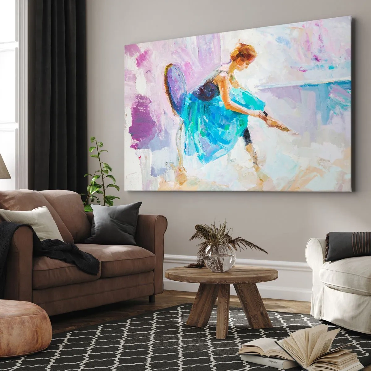 Impression sur toile - Image sur toile - Une ballerine se prépare à danser dans des tons pastel. - 120x80cm - Grâce ineffable, charme subtil - Décoration murale moderne pour le salon et la chambre ARTTOR