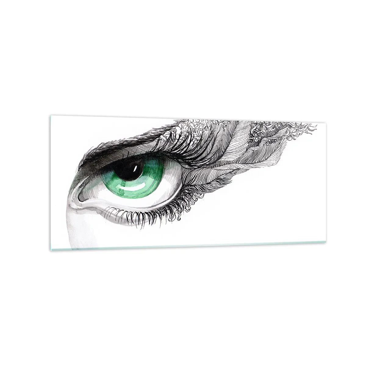 Impression sur verre - Image sur verre - Œil artistique avec iris vert et détails de dessin - 120x50cm - Belle et prête à l'attaque - Décoration murale moderne pour le salon et la chambre ARTTOR