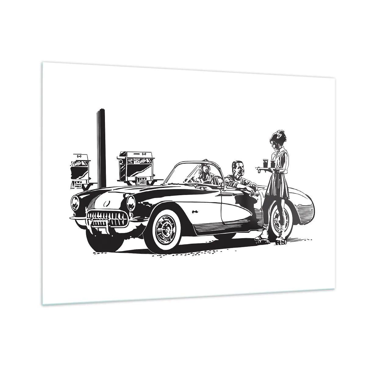 Impression sur verre - Image sur verre - Graphiques créatifs avec une voiture classique et des personnages - 100x70cm - 60's - Amérique insouciante - Décoration murale moderne pour le salon et la chambre ARTTOR