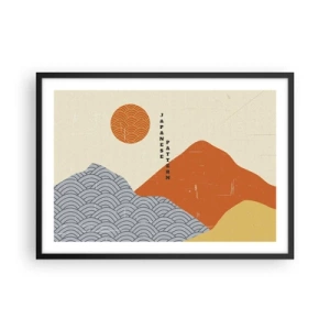 Affiche dans un cadre noir - Poster - Motifs japonais avec montagnes, soleil et style minimaliste - 70x50cm - Dans l'esprit japonais - Décoration murale moderne pour le salon et la chambre ARTTOR