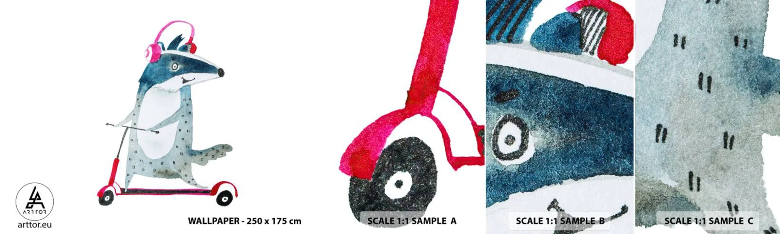 Échantillon de Papier Peint Autocollant Deluxe Sticker - La joie du blaireau - Enfants, Scooter, Animal - 100x30 cm