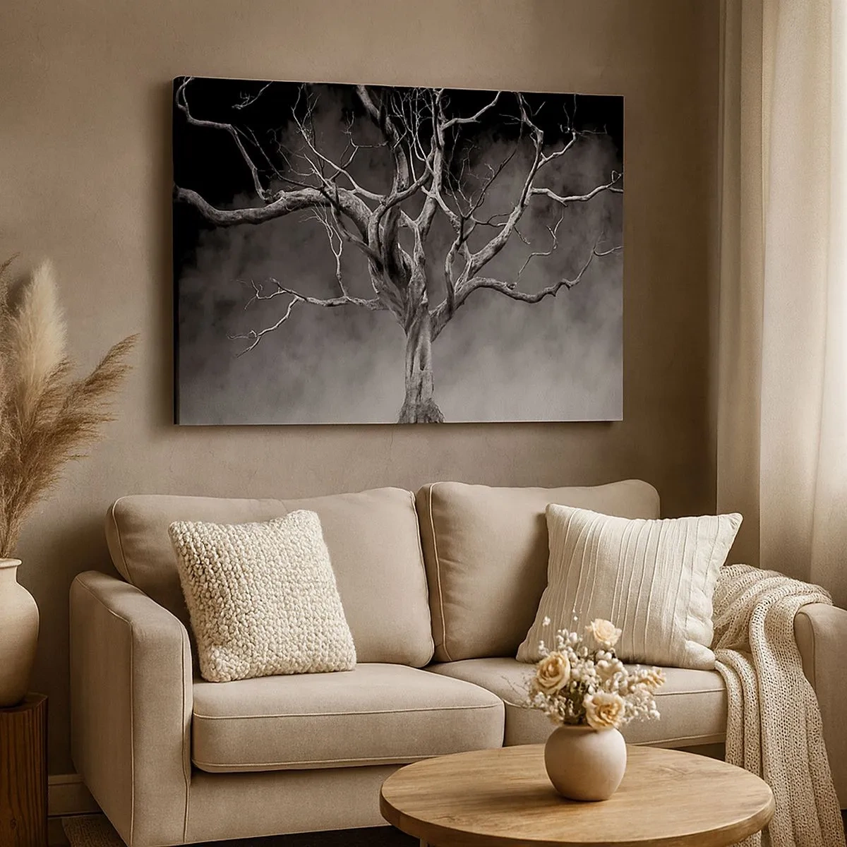 Impression sur toile - Image sur toile - Un arbre sec en noir et blanc contre le brouillard - 70x50cm - Primordial et sacré - Décoration murale moderne pour le salon et la chambre ARTTOR