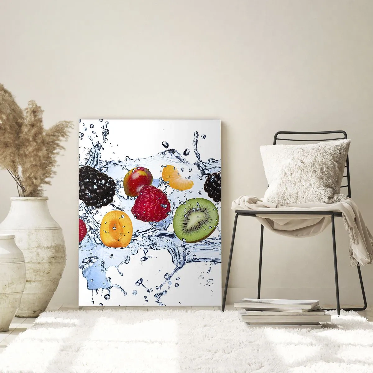 Impression sur verre - Image sur verre - Fruits colorés immergés dans des éclaboussures d'eau sur un fond blanc - 70x100cm - Amusez-vous avec nous - Décoration murale moderne pour le salon et la chambre ARTTOR
