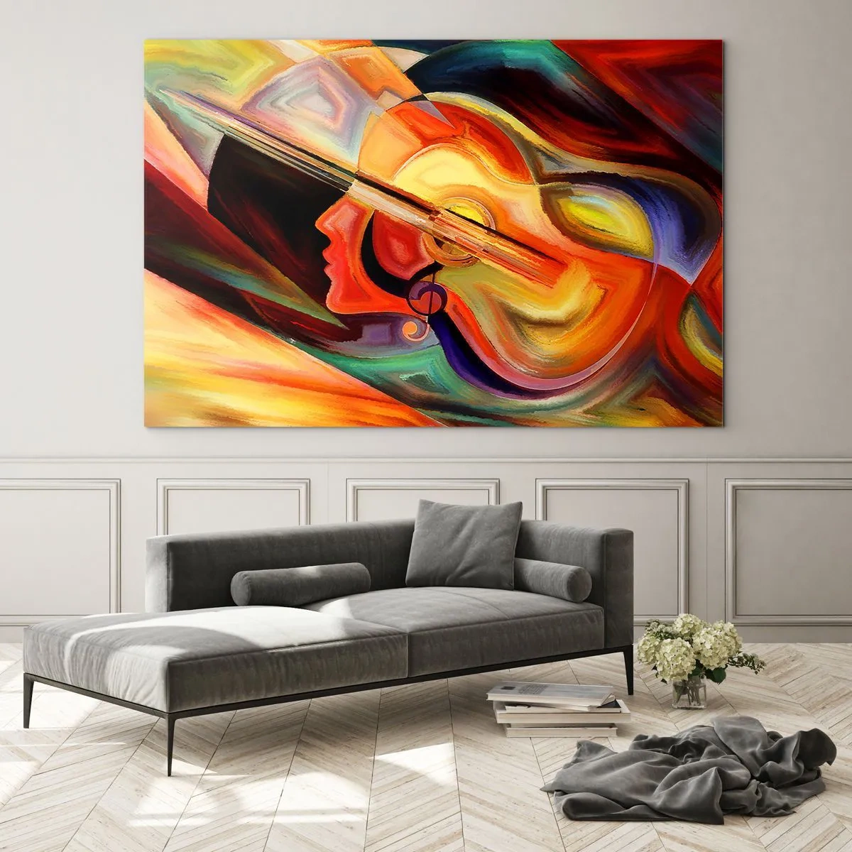 Impression sur verre - Image sur verre - Portrait abstrait avec une guitare et des notes de musique en arrière-plan - 70x50cm - Tout va bien - Décoration murale moderne pour le salon et la chambre ARTTOR