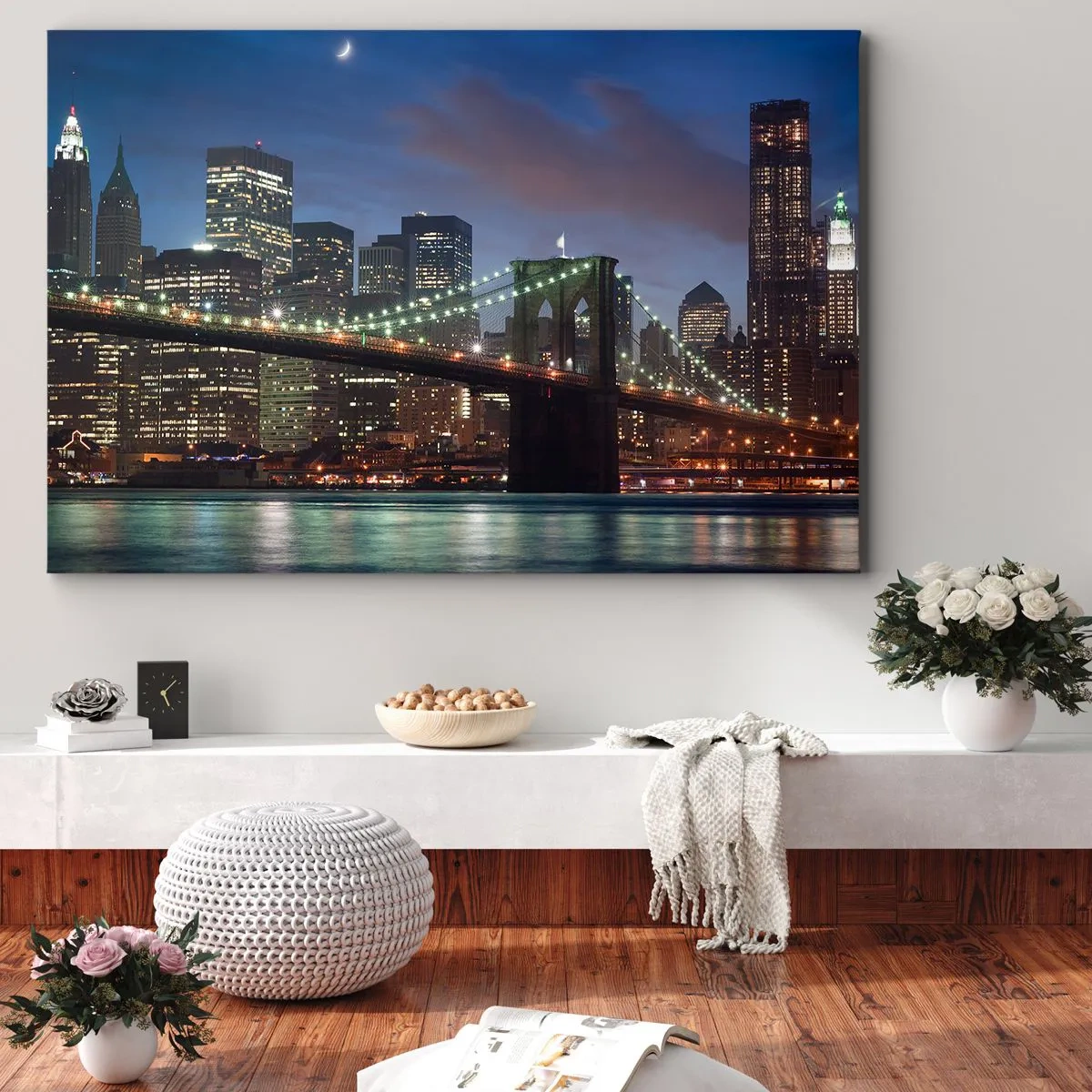 Impression sur toile - Image sur toile - Pont de New York la nuit avec bâtiments illuminés - 70x50cm - Nuit rougeoyante - Décoration murale moderne pour le salon et la chambre ARTTOR
