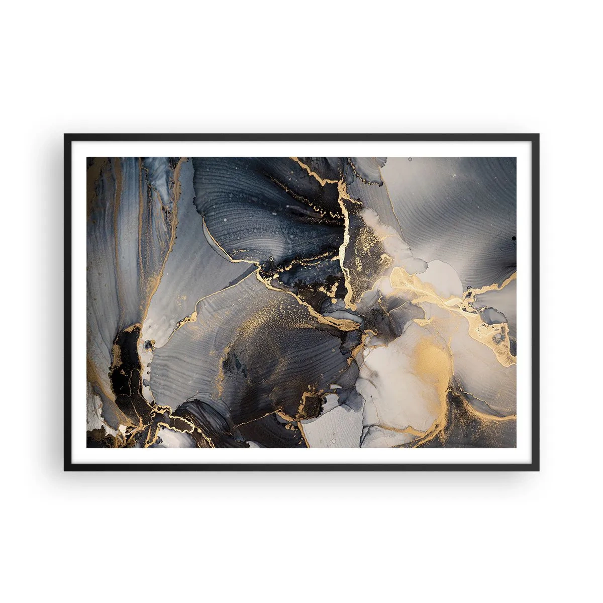Affiche dans un cadre noir - Poster - Abstrait or et gris sur toile - 100x70cm - La vie de la pierre - Décoration murale moderne pour le salon et la chambre ARTTOR