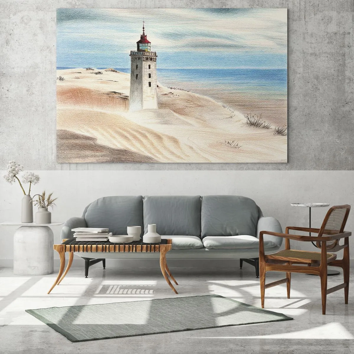 Impression sur verre - Image sur verre - Un phare sur une dune du désert au bord d'une mer calme - 100x70cm - Toujours regarder la mer - Décoration murale moderne pour le salon et la chambre ARTTOR