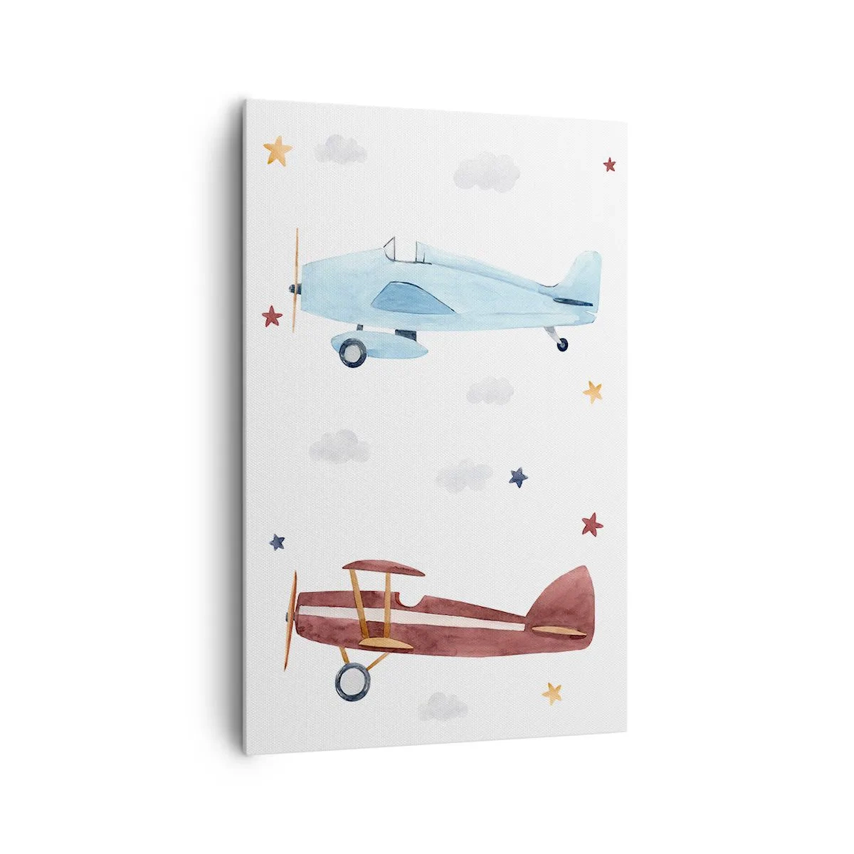 Impression sur toile - Image sur toile - Avions peints à la main sur fond de nuages et d'étoiles - 80x120cm - Monsieur le pilote, nous vous attendons ! - Décoration murale moderne pour le salon et la chambre ARTTOR