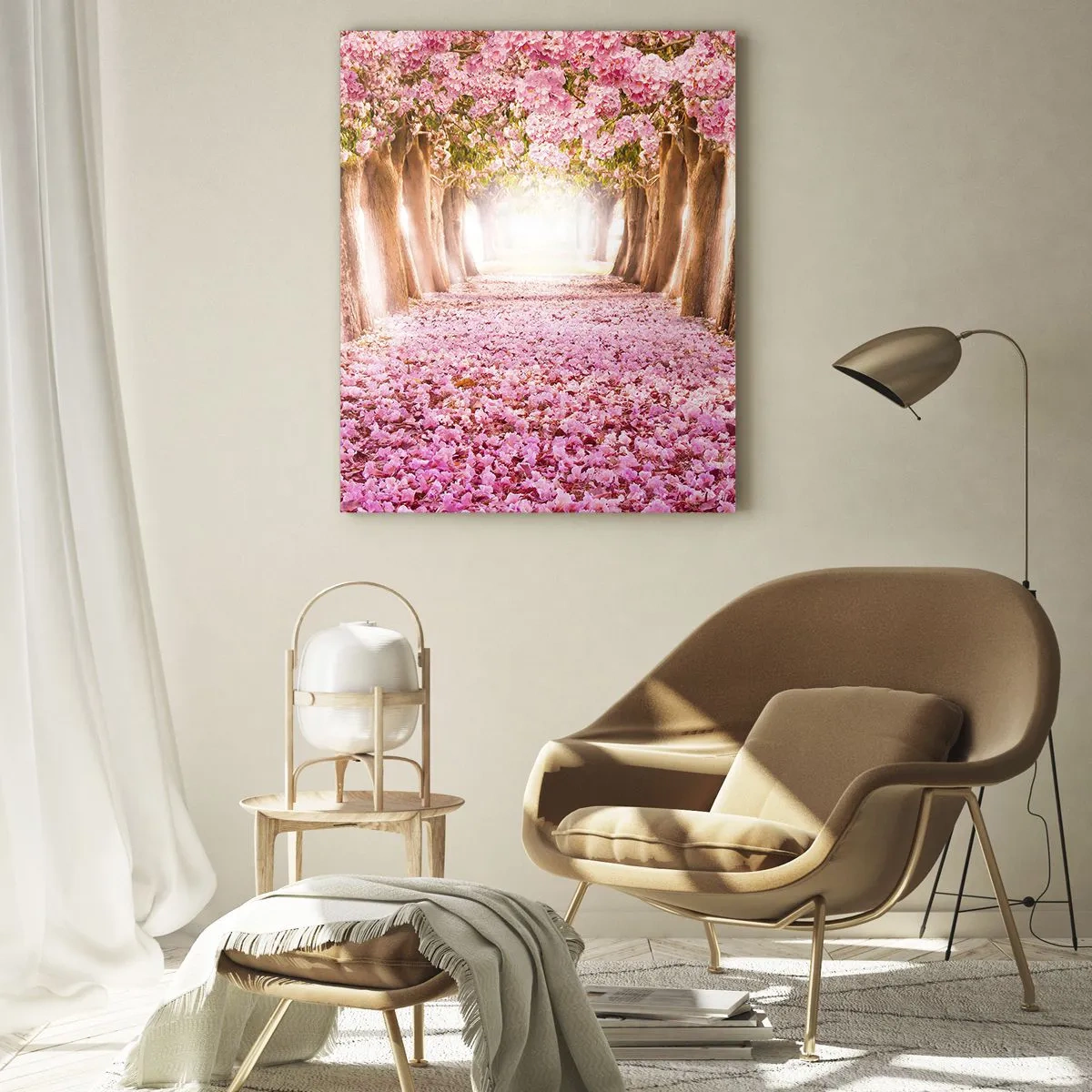 Impression sur verre - Image sur verre - Une allée d'arbres en fleurs avec des pétales roses au sol - 50x70cm - La route du paradis - Décoration murale moderne pour le salon et la chambre ARTTOR