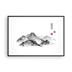 Affiche dans un cadre noir - Poster - Paysage de montagne traditionnel dans le style de la peinture à l'encre japonaise - 100x70cm - Au-delà de la distance - Décoration murale moderne pour le salon et la chambre ARTTOR