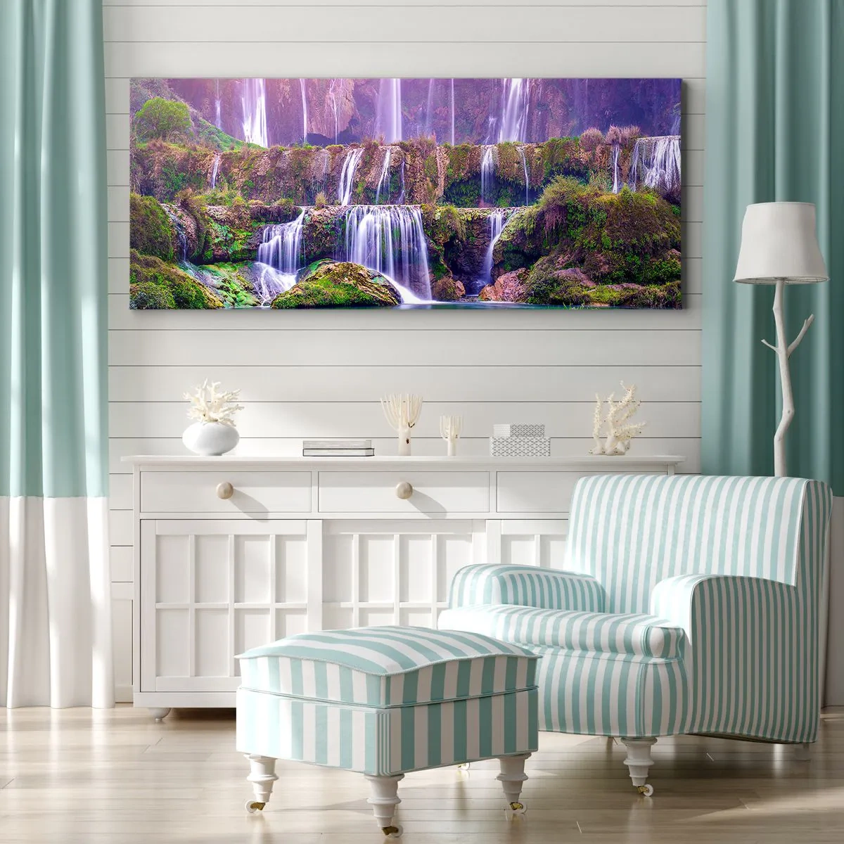 Impression sur toile - Image sur toile - Cascades entourées de verdure avec un éclairage pastel - 120x50cm - Escalier vers le ciel - Décoration murale moderne pour le salon et la chambre ARTTOR