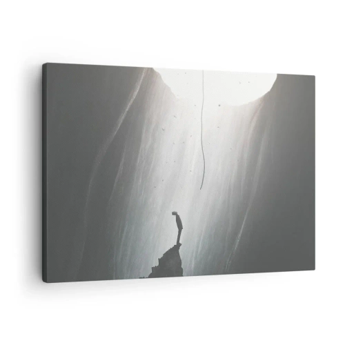Impression sur toile - Image sur toile - Silhouette d'un homme sur le sol d'une grotte avec vue sur la lumière - 70x50cm - Il y a toujours une issue - Décoration murale moderne pour le salon et la chambre ARTTOR
