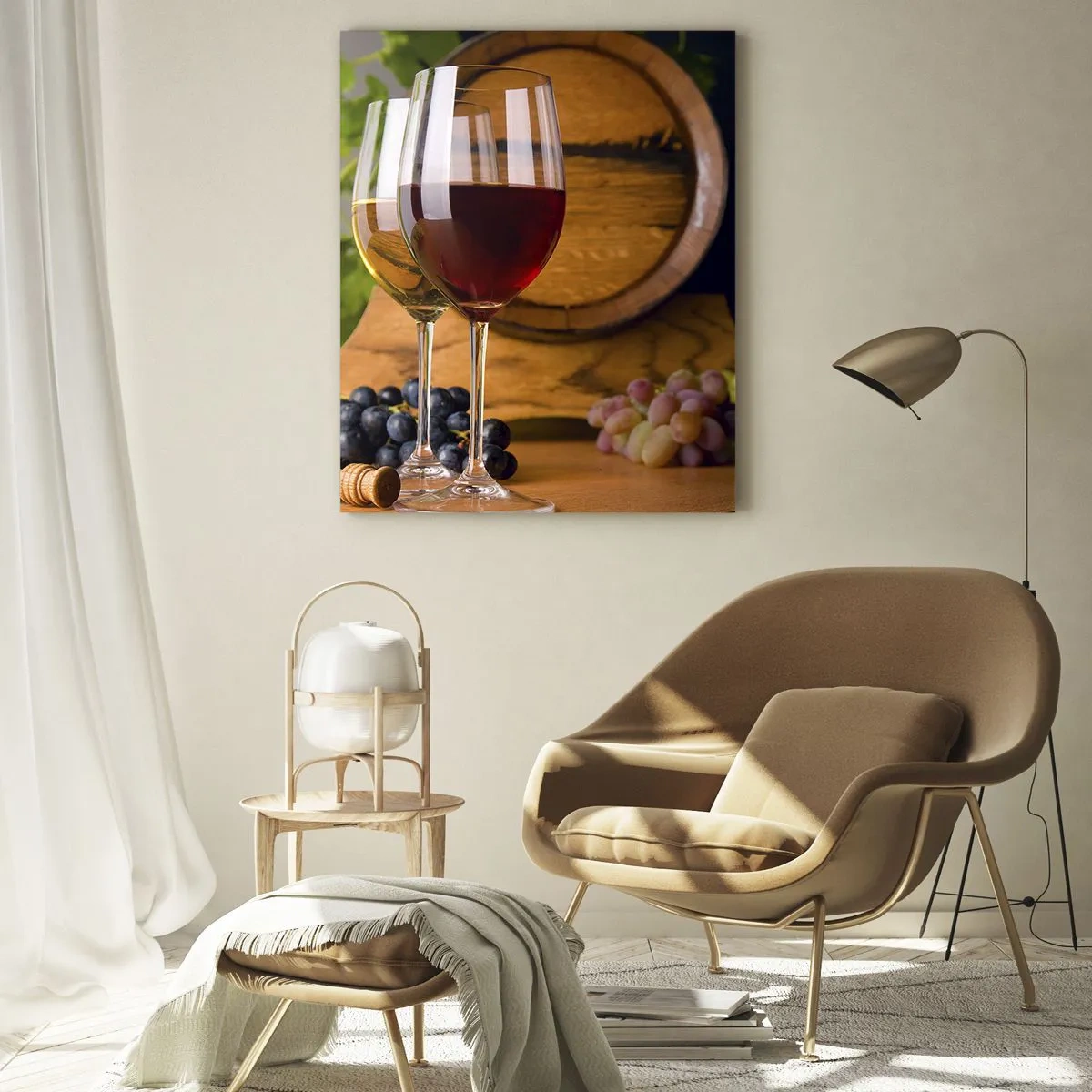 Impression sur verre - Image sur verre - Verres de vin avec des raisins, un tonneau et des bouteilles sur une table en bois - 80x120cm - Comme les vieux maîtres - Décoration murale moderne pour le salon et la chambre ARTTOR