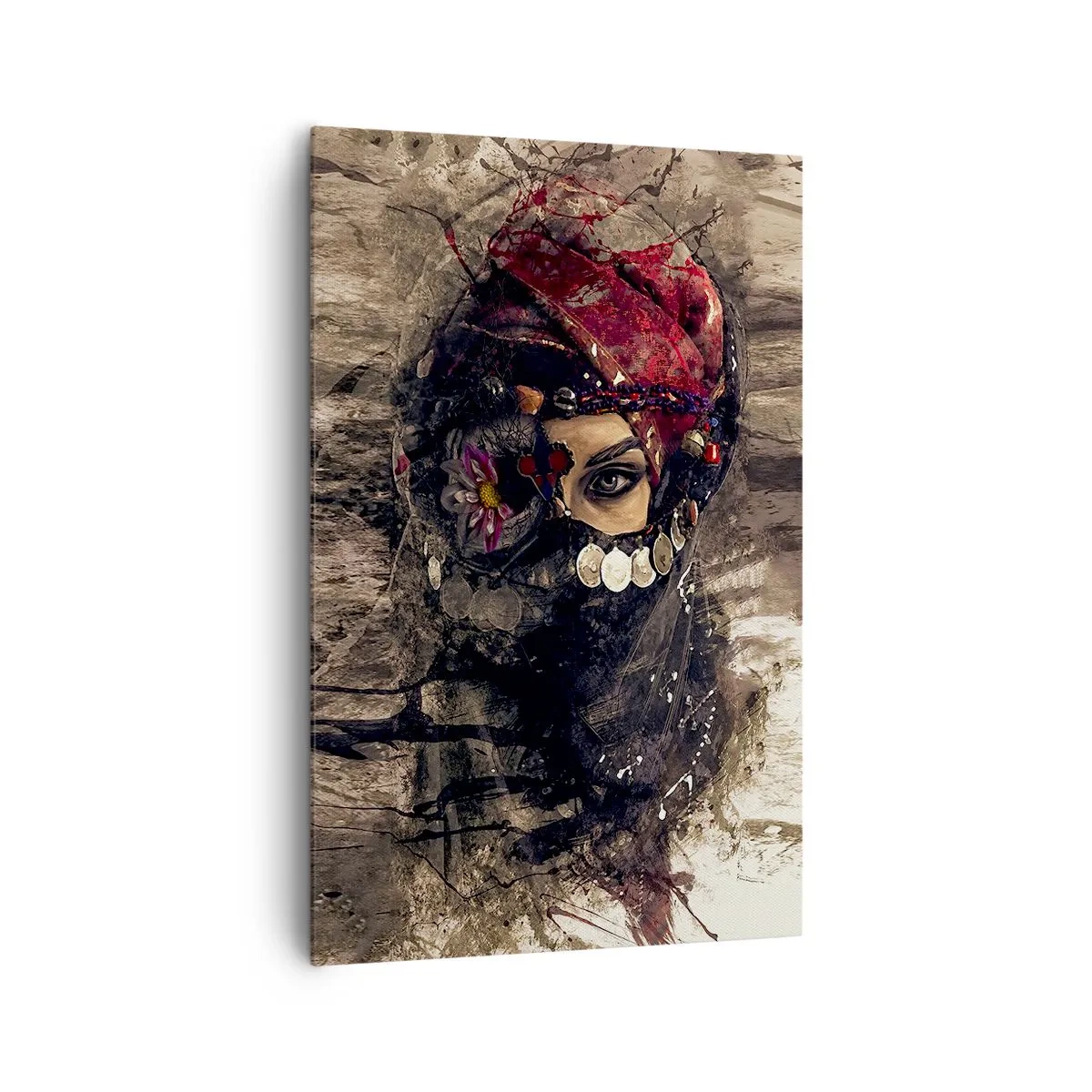 Impression sur toile - Image sur toile - Portrait artistique d'une femme en tenue orientale sur fond abstrait. - 80x120cm - Inquiétant, c'est le moins qu'on puisse dire - Décoration murale moderne pour le salon et la chambre ARTTOR