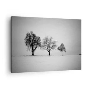 Impression sur toile - Image sur toile - Trois arbres dans un champ enneigé dans un style monochrome - 70x50cm - A quoi rêvent-ils? - Décoration murale moderne pour le salon et la chambre ARTTOR