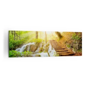 Impression sur toile - Image sur toile - Chemin forestier avec escaliers en bois près de la cascade - 160x50cm - Une fraîcheur tant désirée - Décoration murale moderne pour le salon et la chambre ARTTOR