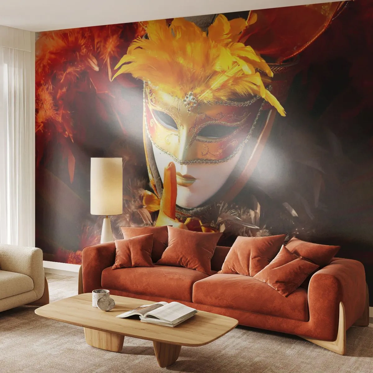 Papier Peint Photo Standard Eco - Masque de carnaval aux tons or et orange - 100x70cm - Le secret est une partie du jeu - Décoration murale moderne pour le salon et la chambre ARTTOR