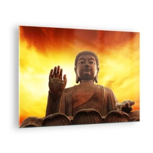 Impression sur verre - Image sur verre - Une statue de Bouddha sur fond de coucher de soleil doré - 70x50cm - La paix du monde - Décoration murale moderne pour le salon et la chambre ARTTOR